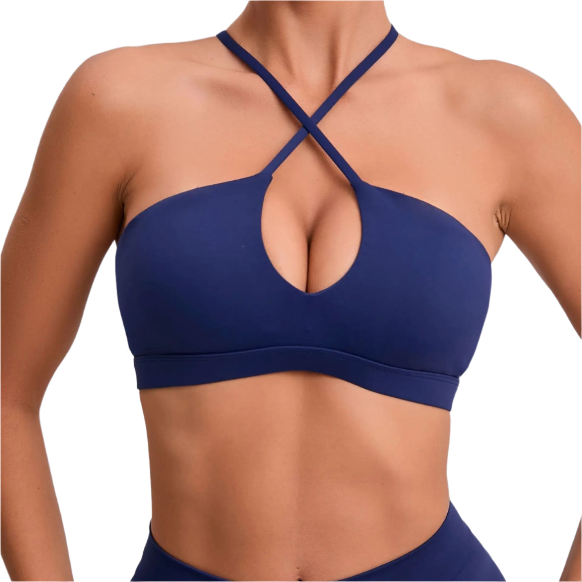 Navy blue sports bra worn by a person on a light gray background