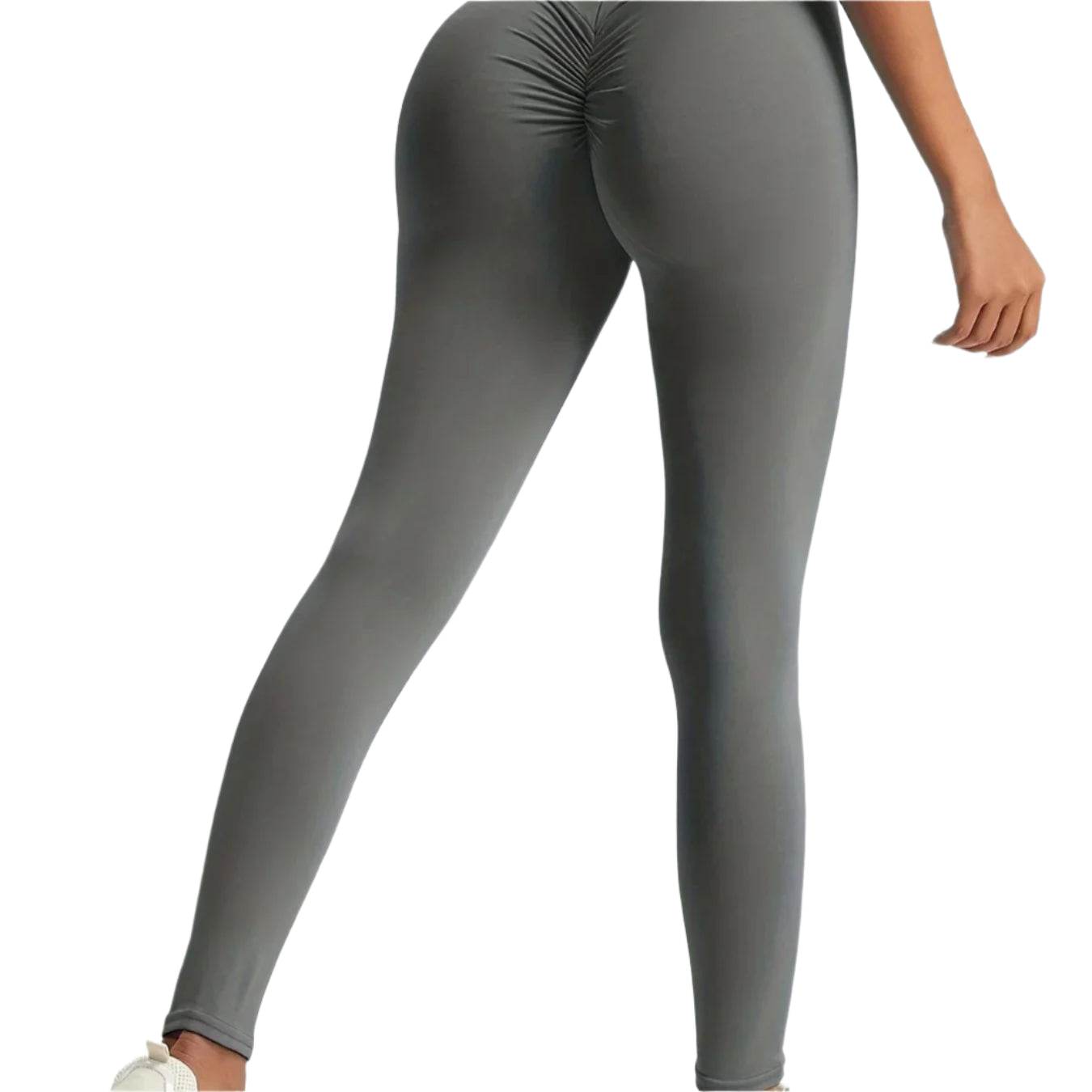 Gray leggings worn by a person on a white background