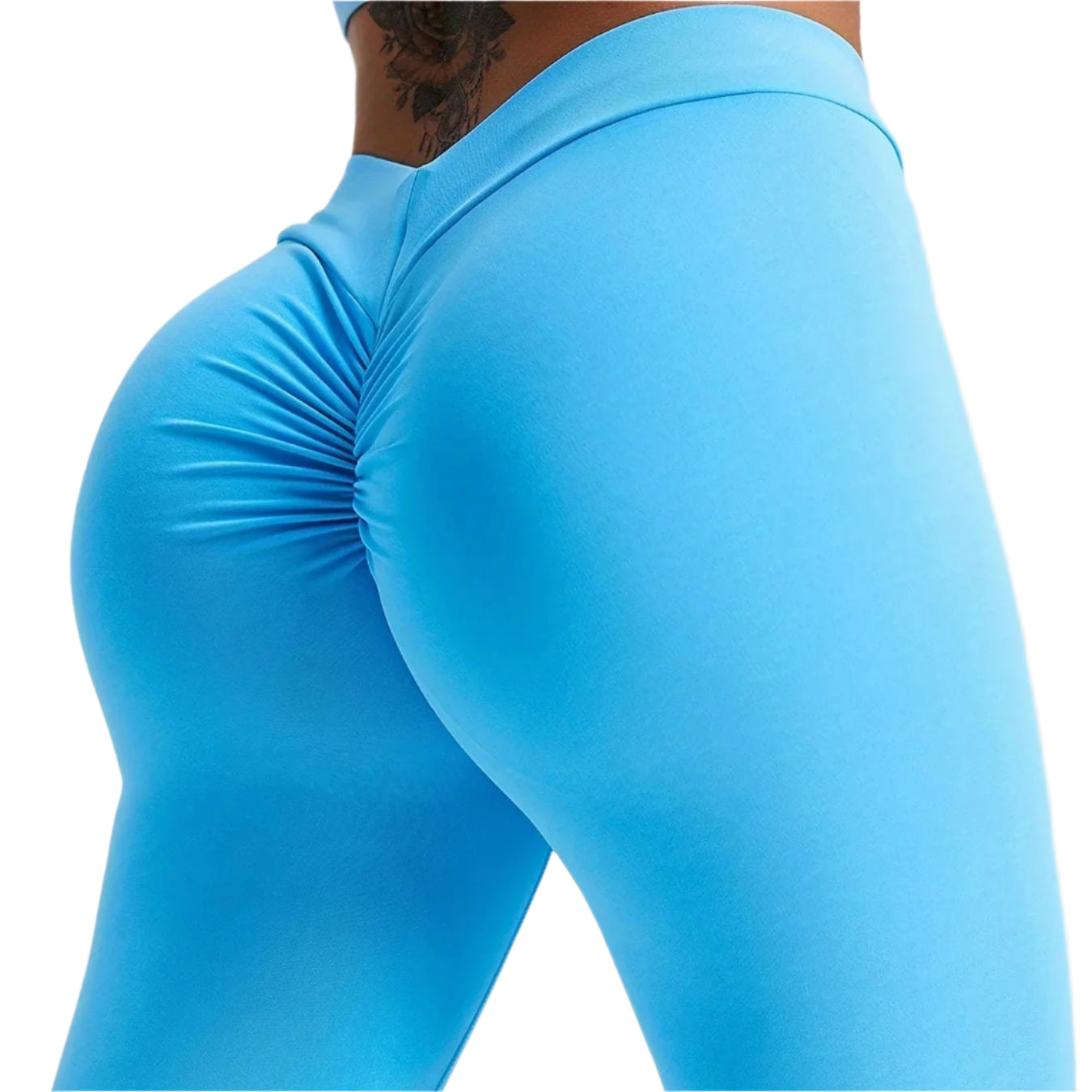 Person wearing bright blue leggings on a plain background