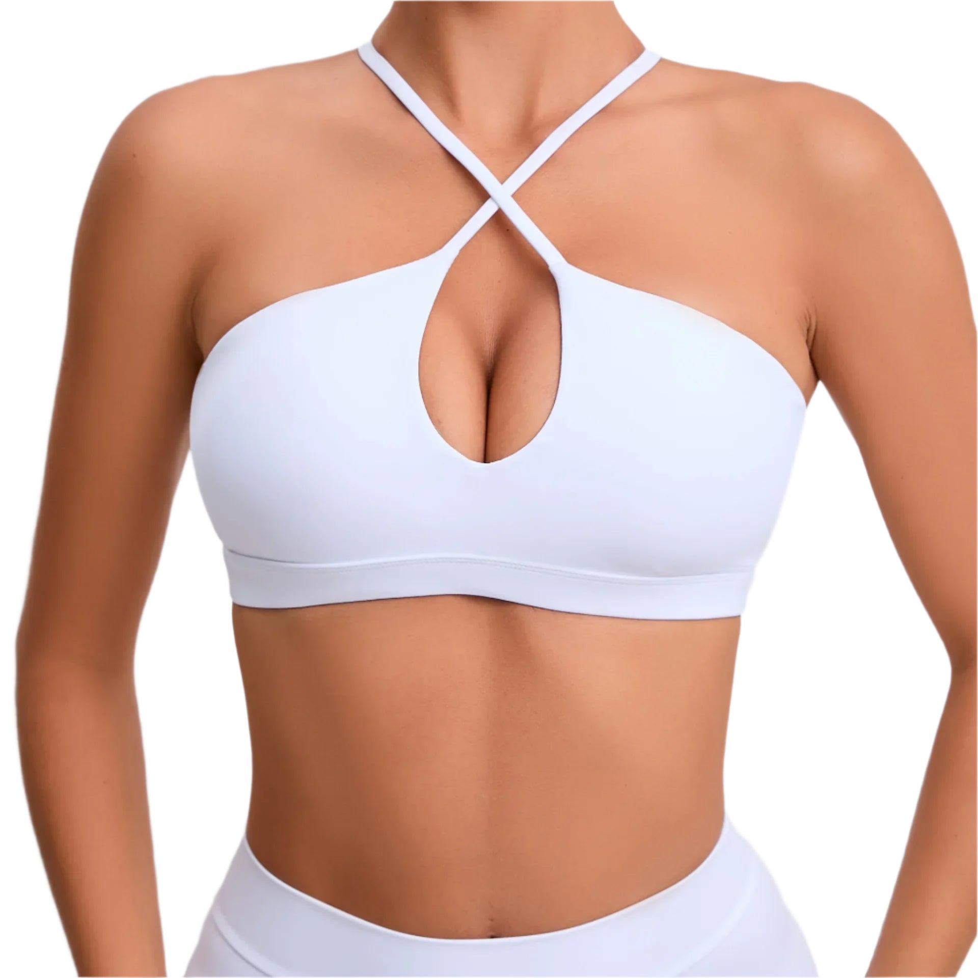 White sports bra worn by a person on a light gray background