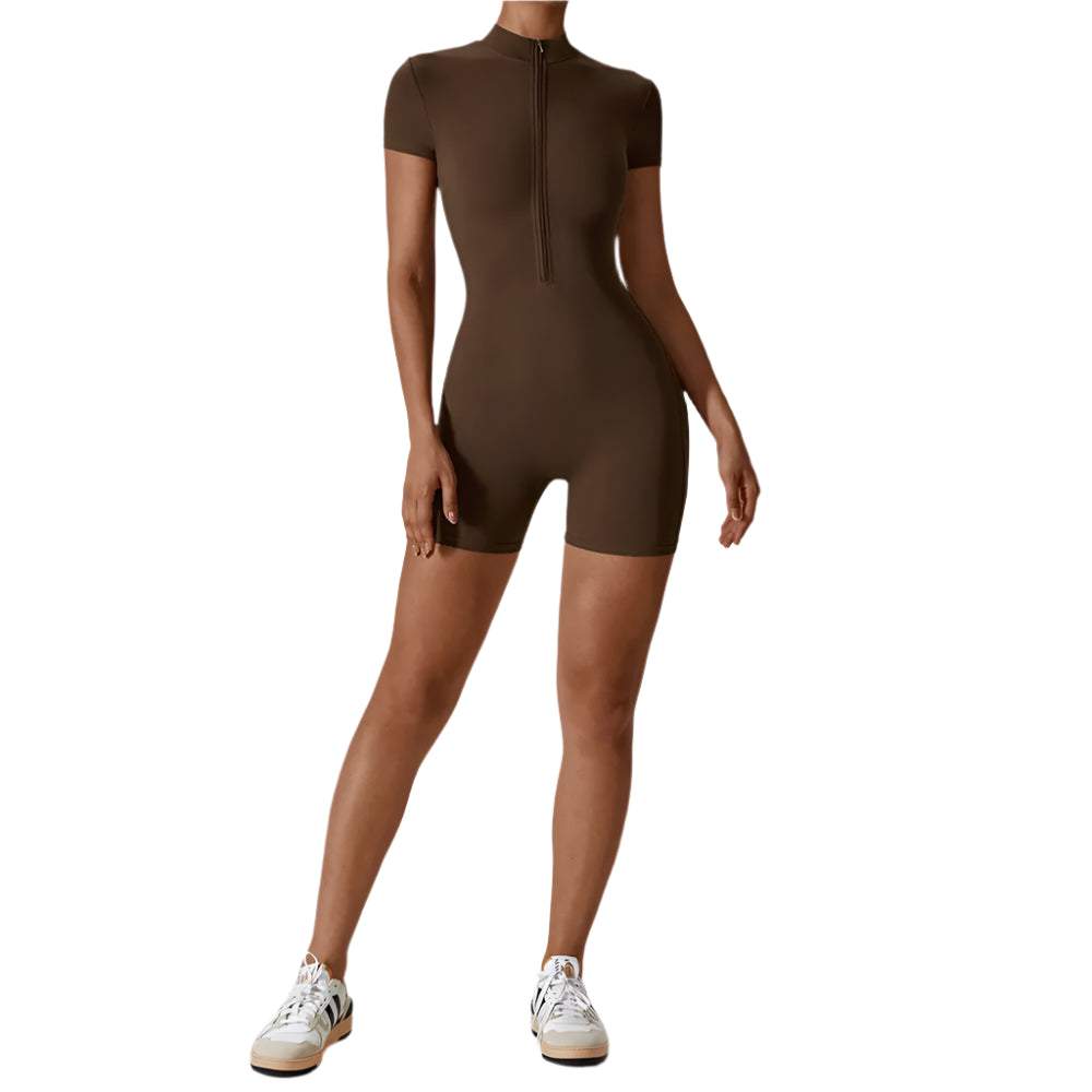 Brown bodysuit worn by a model on a white background