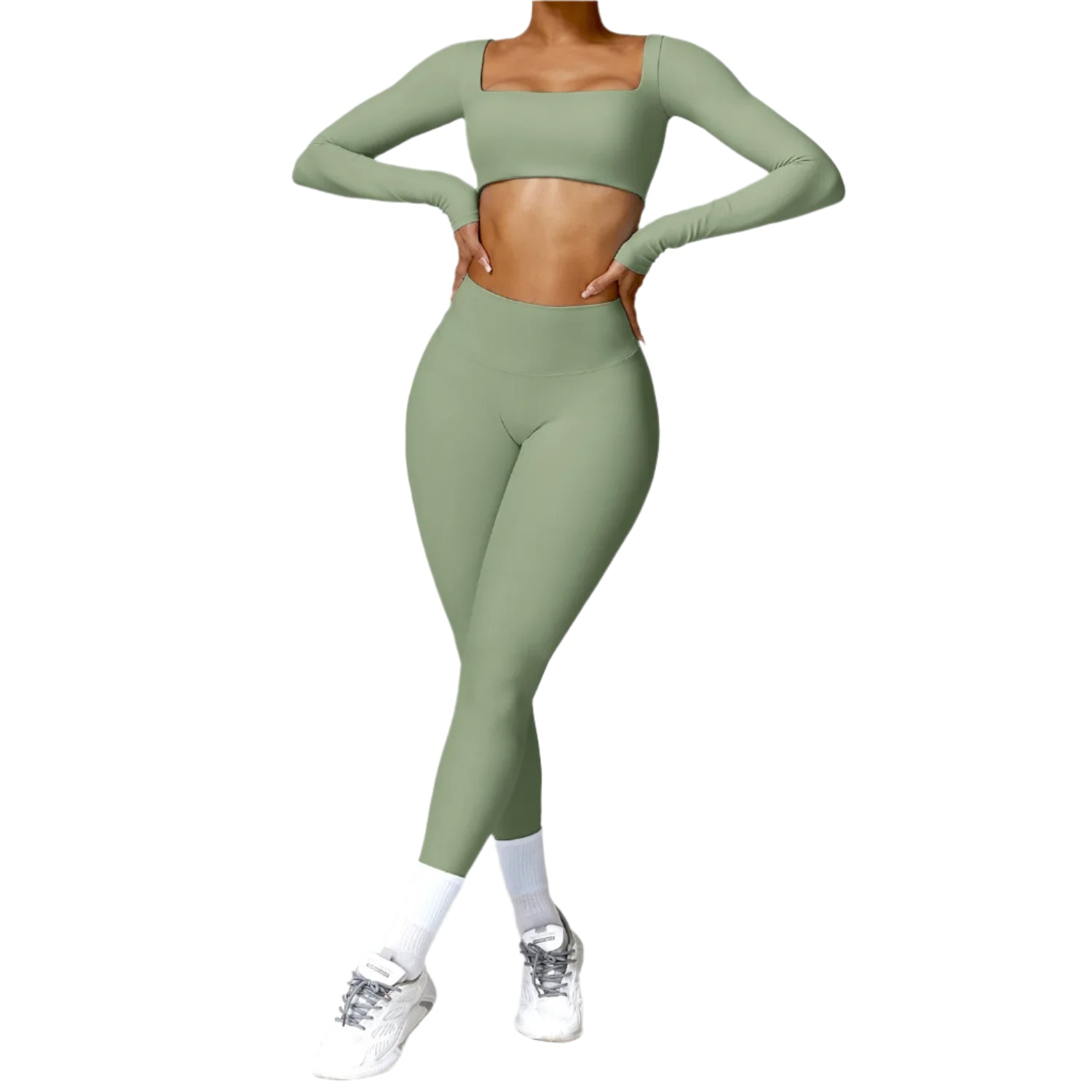Person wearing a green athletic outfit on a white background