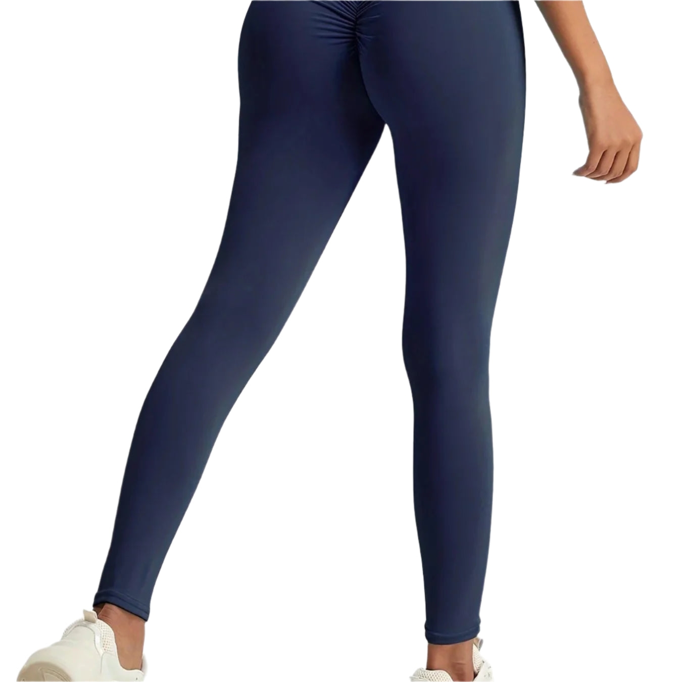 Navy blue leggings worn by a person on a white background